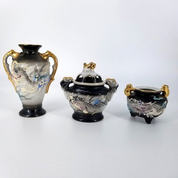 Dragon Ware Japanese Moriage Vase Jug Bowl Lid Black Grey Blue Set 3 Hand Paint - Picture 1 of 16
